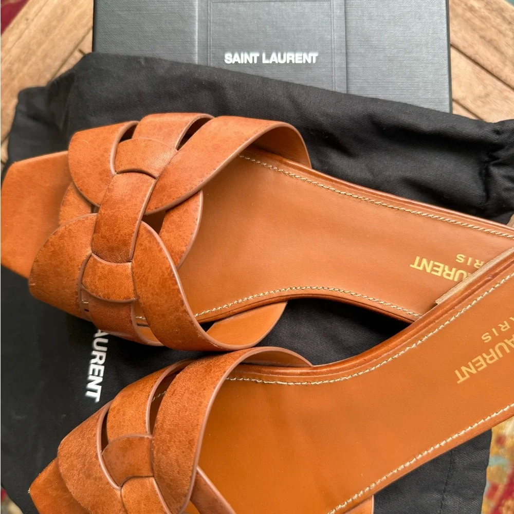 Saint Laurent Cognac Leather Knotted Slide Mules - Picture 3 of 4